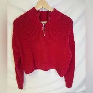 Hollister Bright Red Cropped Ribbed Half-Zip Turtleneck Sweater